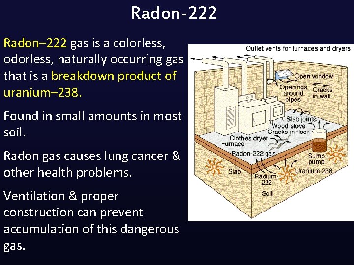 Radon-222 Radon– 222 gas is a colorless, odorless, naturally occurring gas that is a