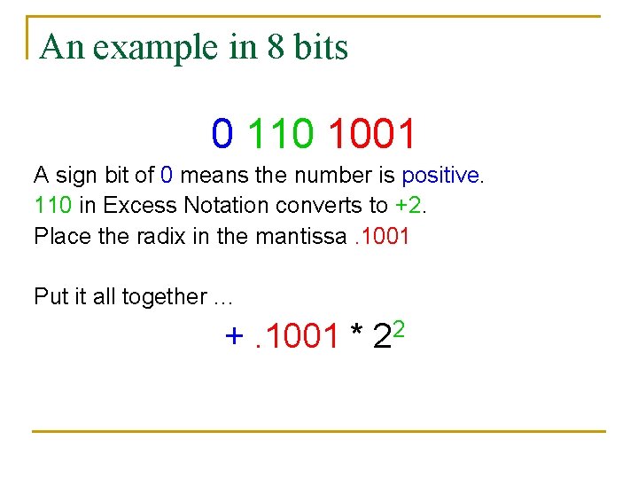 An example in 8 bits 0 110 1001 A sign bit of 0 means