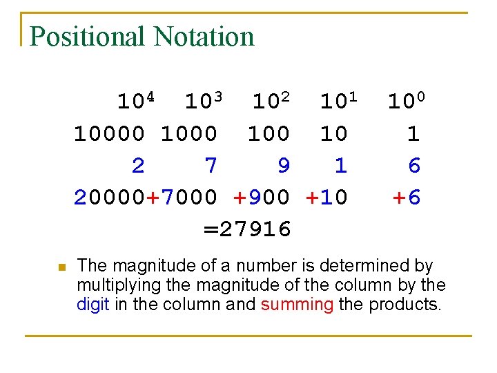 Positional Notation 104 103 102 101 10000 100 10 2 7 9 1 20000+7000