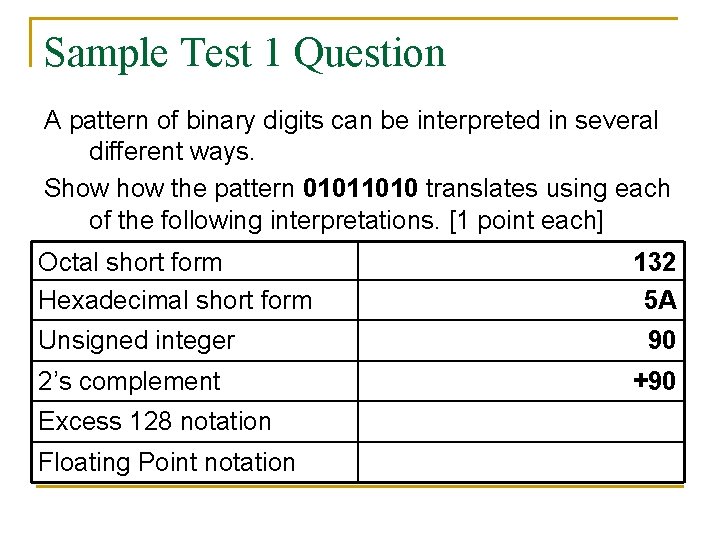 Sample Test 1 Question A pattern of binary digits can be interpreted in several