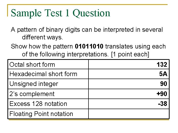 Sample Test 1 Question A pattern of binary digits can be interpreted in several