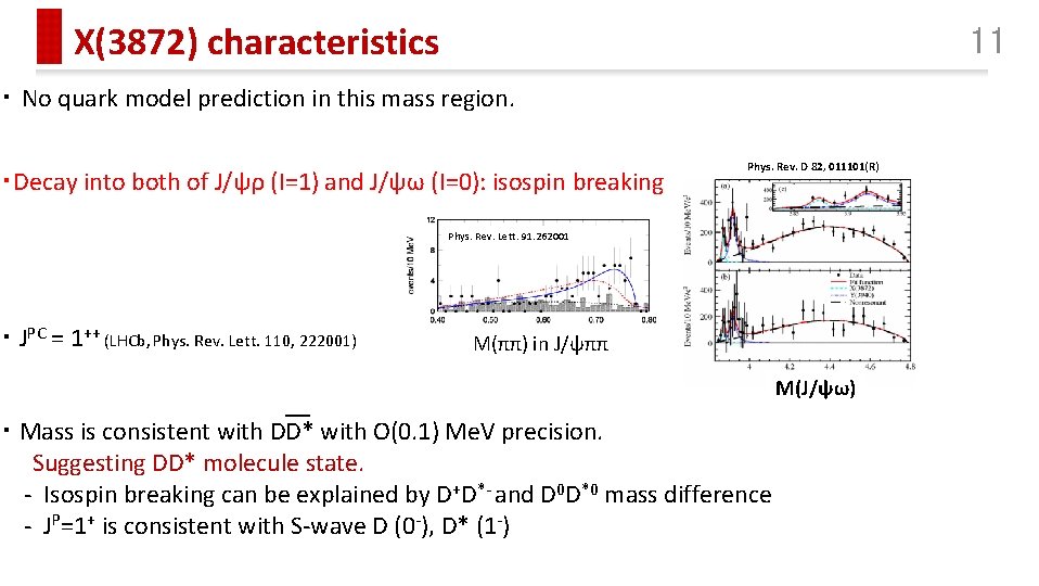 X(3872) characteristics 11 ・ No quark model prediction in this mass region. ・Decay into