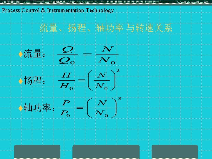 Process Control & Instrumentation Technology 流量、扬程、轴功率 与转速关系 t流量： t扬程： t轴功率： 