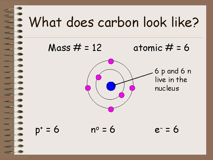 What does carbon look like? Mass # = 12 atomic # = 6 6