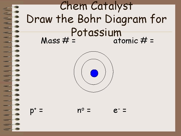 Chem Catalyst Draw the Bohr Diagram for Potassium Mass # = p+ = atomic