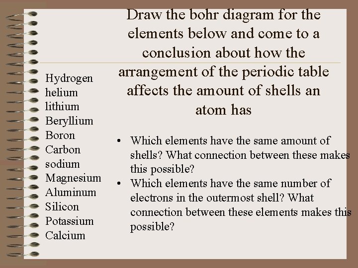 Hydrogen helium lithium Beryllium Boron Carbon sodium Magnesium Aluminum Silicon Potassium Calcium Draw the