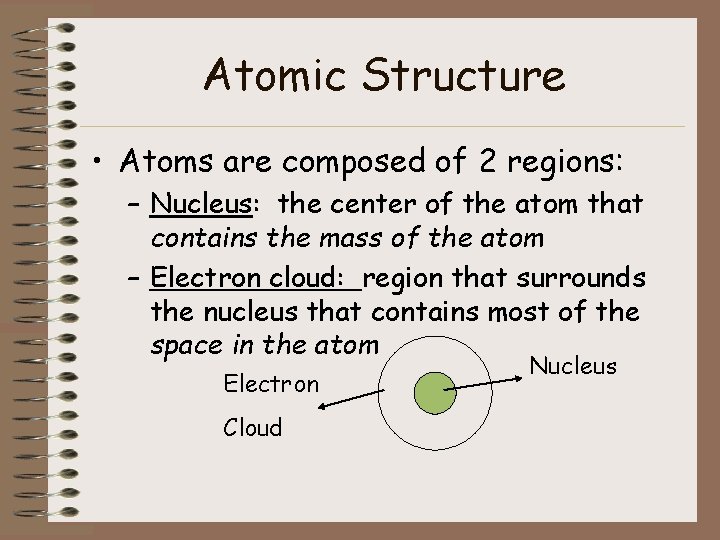 Atomic Structure • Atoms are composed of 2 regions: – Nucleus: the center of