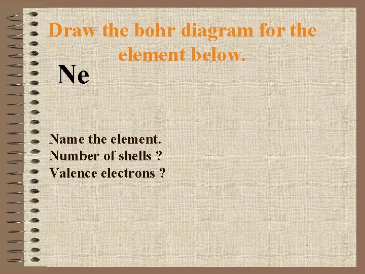 Draw the bohr diagram for the element below. Ne Name the element. Number of