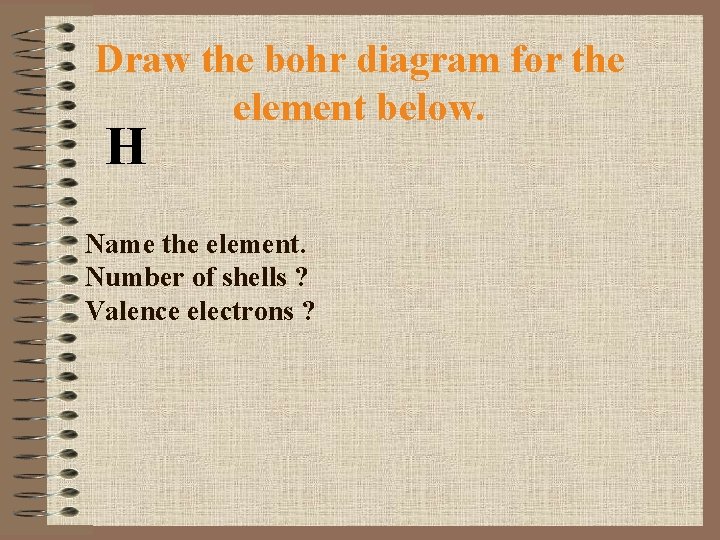 Draw the bohr diagram for the element below. H Name the element. Number of