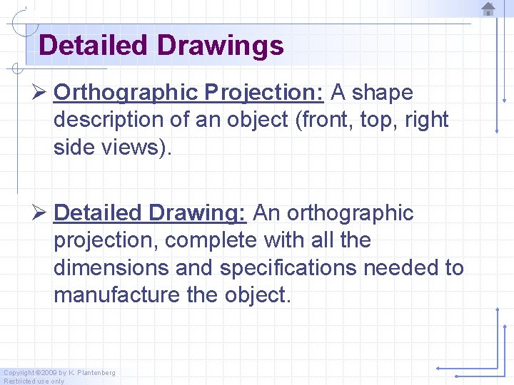 Detailed Drawings Ø Orthographic Projection: A shape description of an object (front, top, right