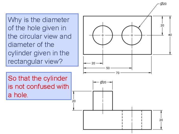Why is the diameter of the hole given in the circular view and diameter