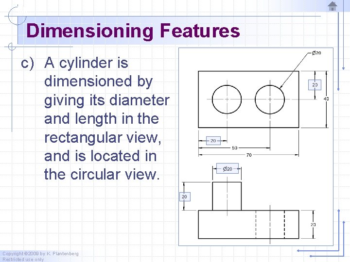 Dimensioning Features c) A cylinder is dimensioned by giving its diameter and length in