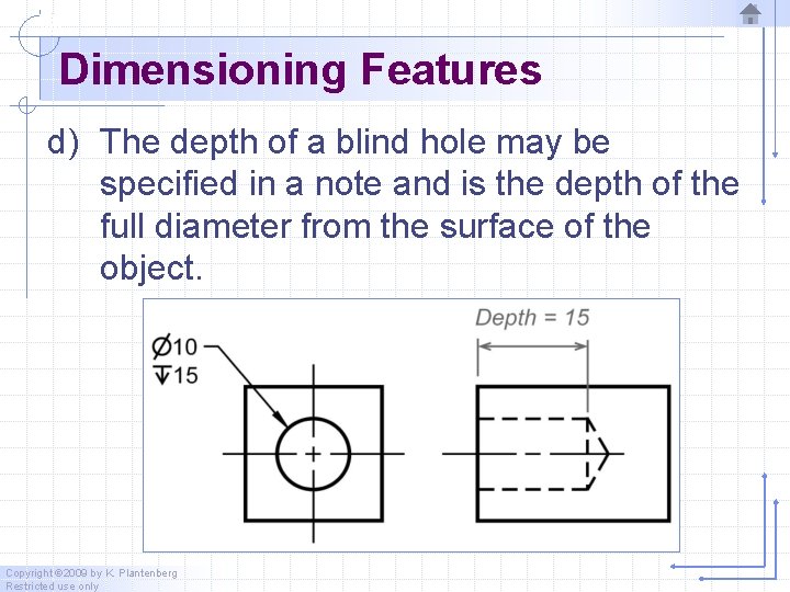 Dimensioning Features d) The depth of a blind hole may be specified in a