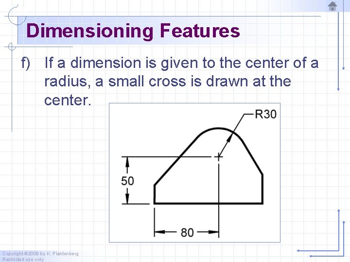 Dimensioning Features f) If a dimension is given to the center of a radius,
