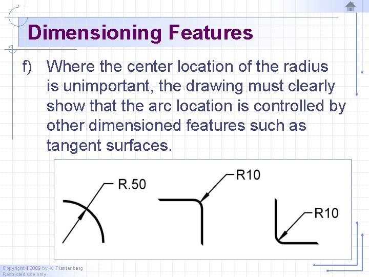 Dimensioning Features f) Where the center location of the radius is unimportant, the drawing