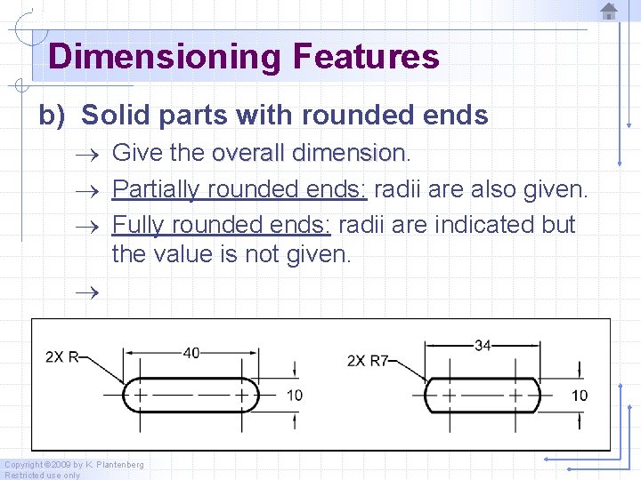 Dimensioning Features b) Solid parts with rounded ends ® Give the overall dimension ®