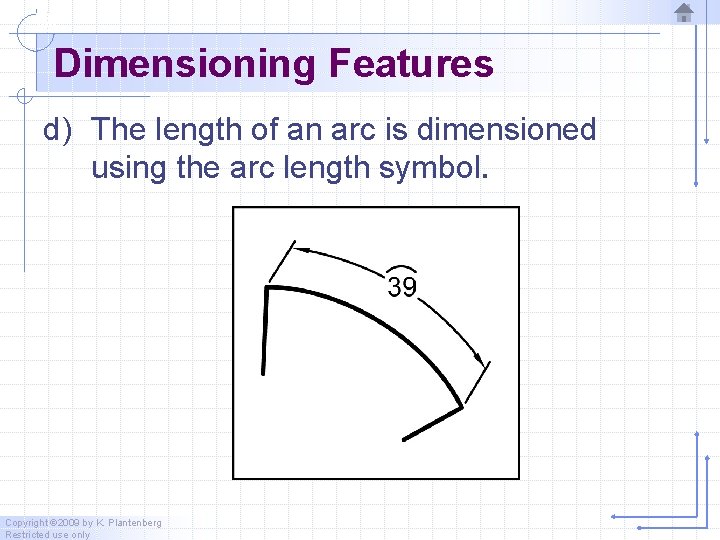 Dimensioning Features d) The length of an arc is dimensioned using the arc length