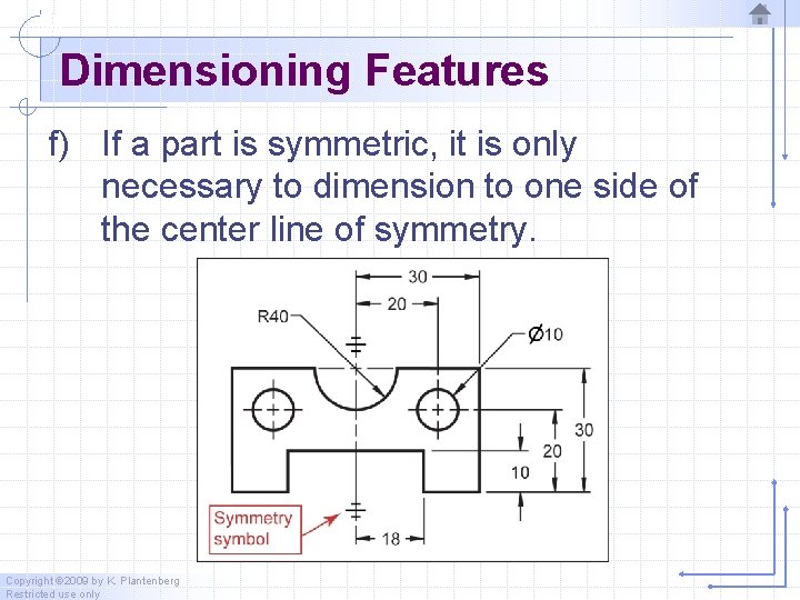 Dimensioning Features f) If a part is symmetric, it is only necessary to dimension