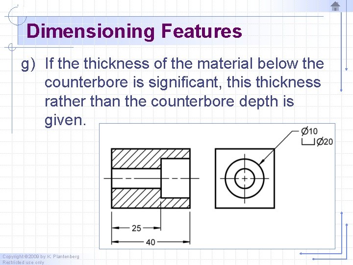 Dimensioning Features g) If the thickness of the material below the counterbore is significant,
