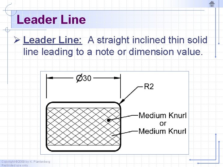 Leader Line Ø Leader Line: A straight inclined thin solid line leading to a