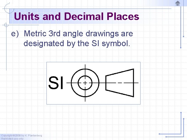 Units and Decimal Places e) Metric 3 rd angle drawings are designated by the