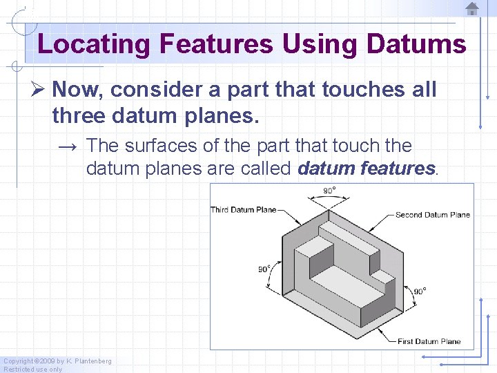 Locating Features Using Datums Ø Now, consider a part that touches all three datum
