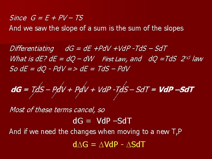 Since G = E + PV – TS And we saw the slope of