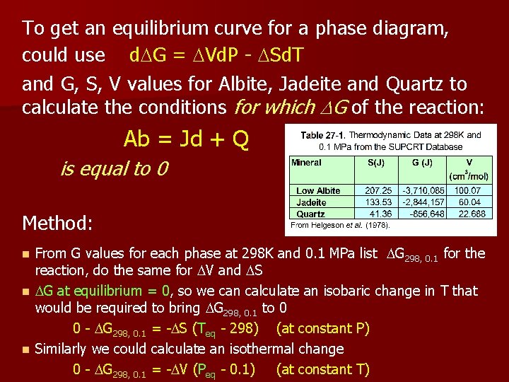 To get an equilibrium curve for a phase diagram, could use d. DG =