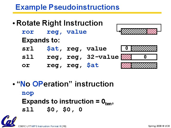 Example Pseudoinstructions • Rotate Right Instruction ror reg, Expands to: srl $at, sll reg, Example Pseudoinstructions • Rotate Right Instruction ror reg, Expands to: srl $at, sll reg,