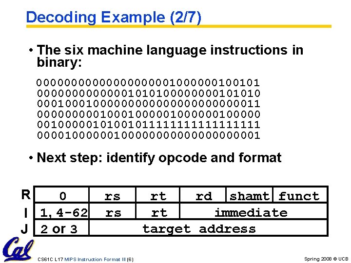 Decoding Example (2/7) • The six machine language instructions in binary: 00000000001000000100101 0000000101010000101010 00010000000000011 Decoding Example (2/7) • The six machine language instructions in binary: 00000000001000000100101 0000000101010000101010 00010000000000011