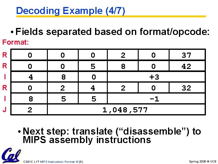 Decoding Example (4/7) • Fields separated based on format/opcode: Format: R R I J Decoding Example (4/7) • Fields separated based on format/opcode: Format: R R I J