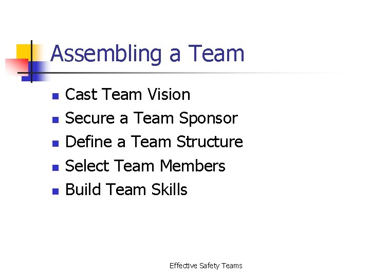 Assembling a Team n n n Cast Team Vision Secure a Team Sponsor Define