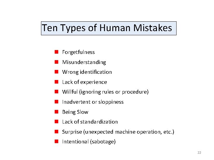 Ten Types of Human Mistakes n Forgetfulness n Misunderstanding n Wrong identification n Lack