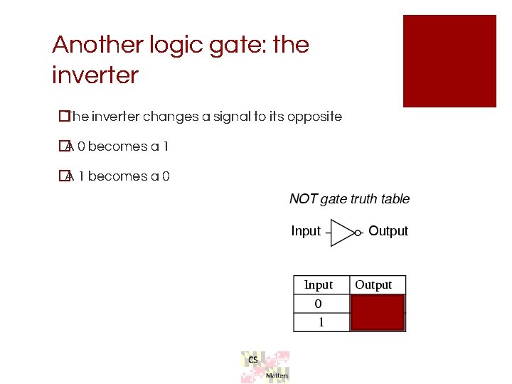 Another logic gate: the inverter �The inverter changes a signal to its opposite �A Another logic gate: the inverter �The inverter changes a signal to its opposite �A