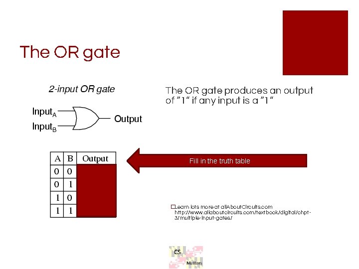The OR gate produces an output of “ 1” if any input is a The OR gate produces an output of “ 1” if any input is a