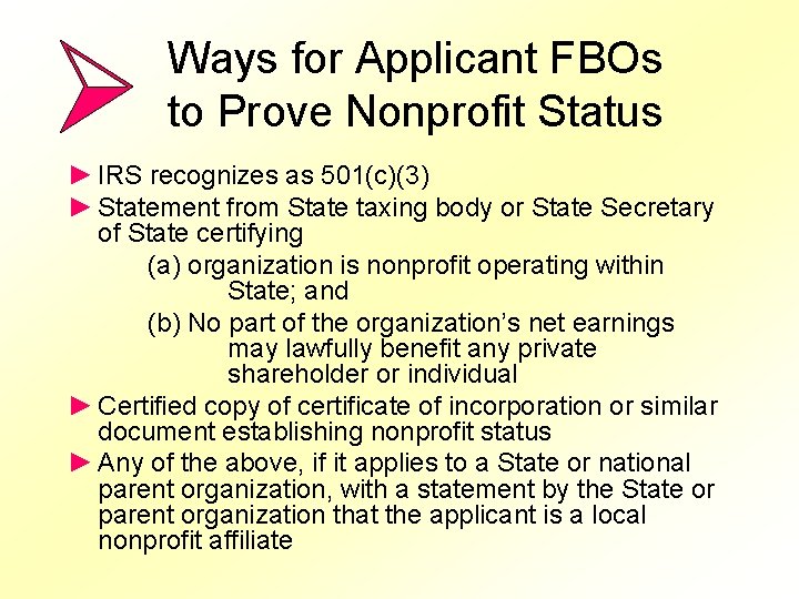 Ways for Applicant FBOs to Prove Nonprofit Status ► IRS recognizes as 501(c)(3) ►