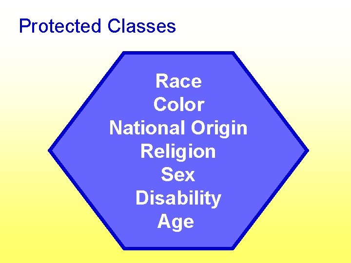Protected Classes Race Color National Origin Religion Sex Disability Age 