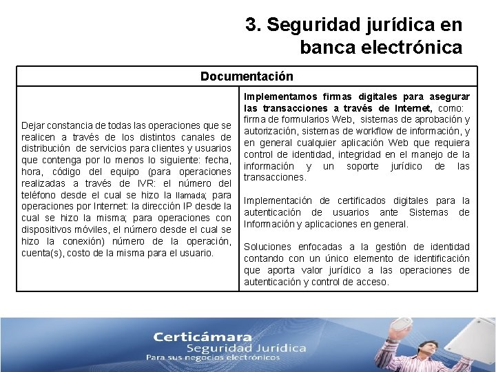 3. Seguridad jurídica en banca electrónica Documentación Dejar constancia de todas las operaciones que