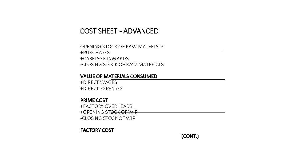 COST SHEET - ADVANCED OPENING STOCK OF RAW MATERIALS +PURCHASES +CARRIAGE INWARDS -CLOSING STOCK