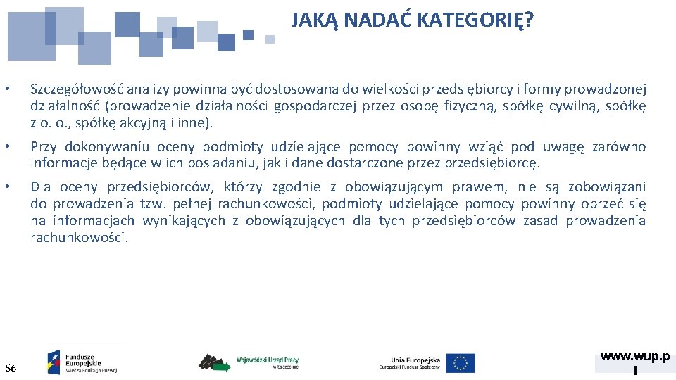 JAKĄ NADAĆ KATEGORIĘ? • Szczegółowość analizy powinna być dostosowana do wielkości przedsiębiorcy i formy