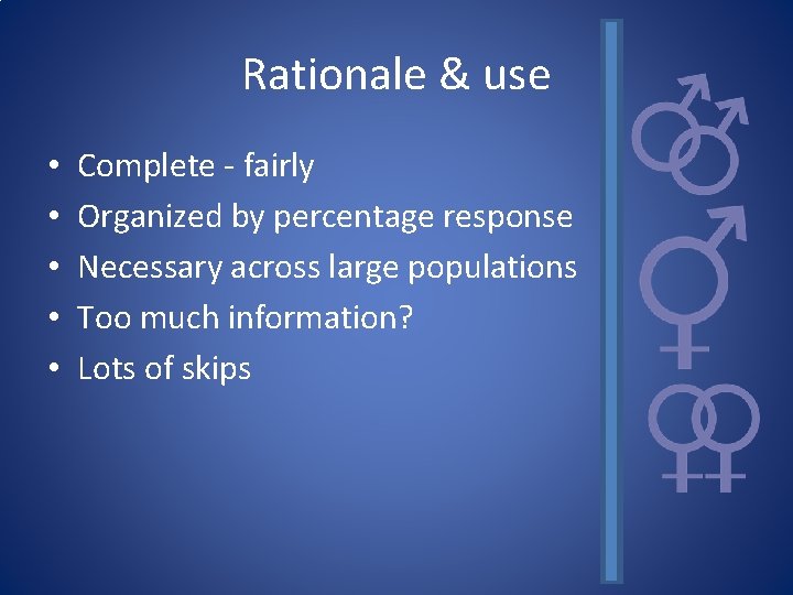 Rationale & use • • • Complete - fairly Organized by percentage response Necessary