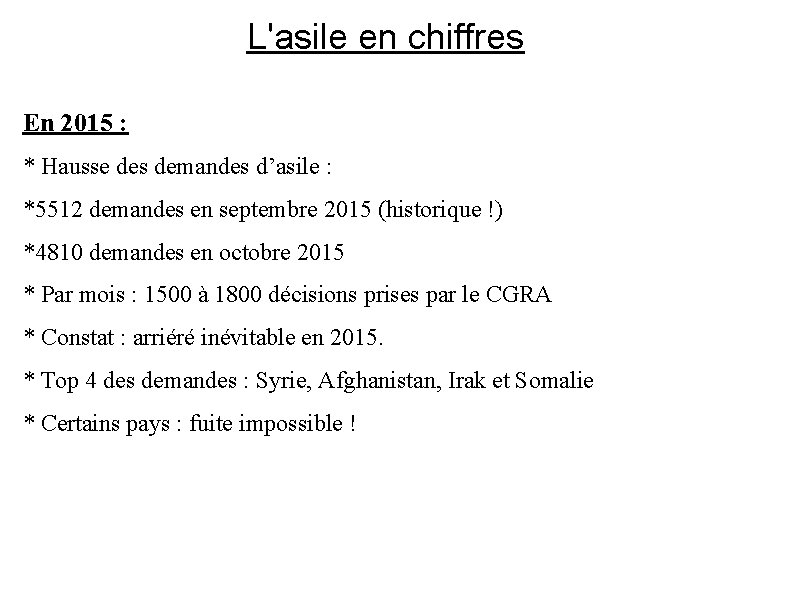 L'asile en chiffres En 2015 : * Hausse des demandes d’asile : *5512 demandes