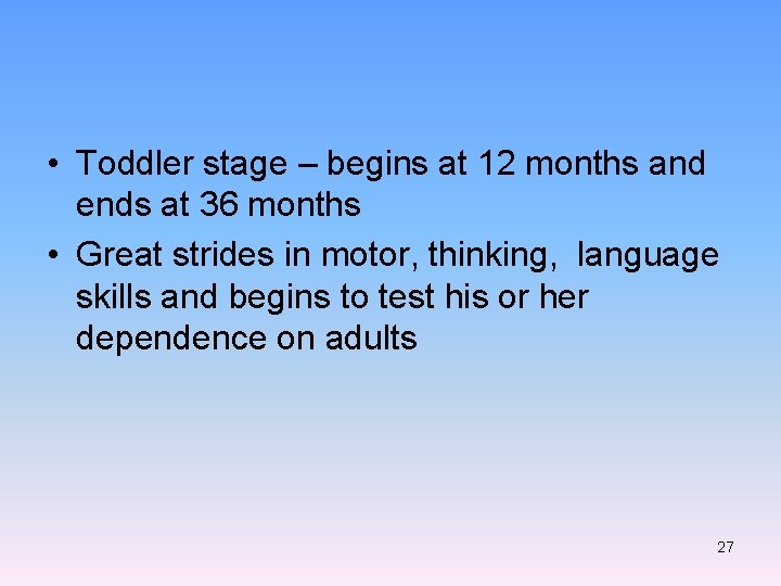  • Toddler stage – begins at 12 months and ends at 36 months