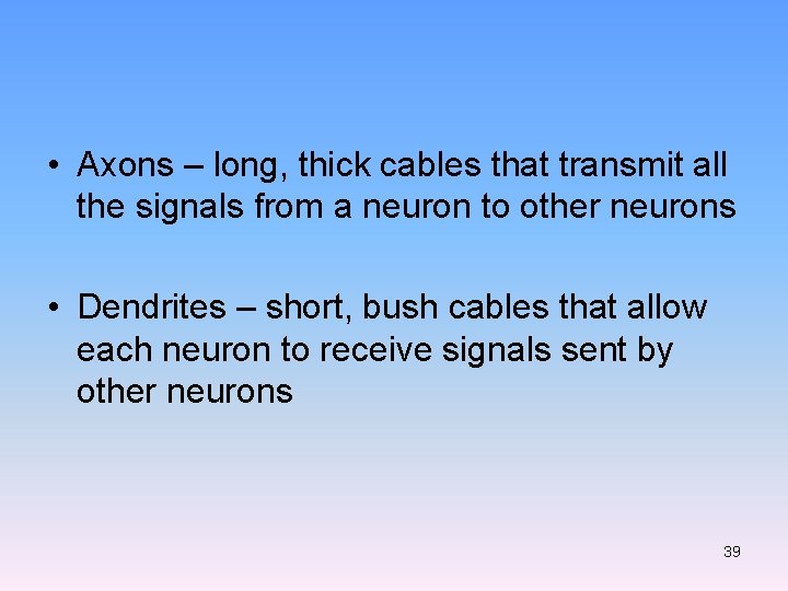  • Axons – long, thick cables that transmit all the signals from a