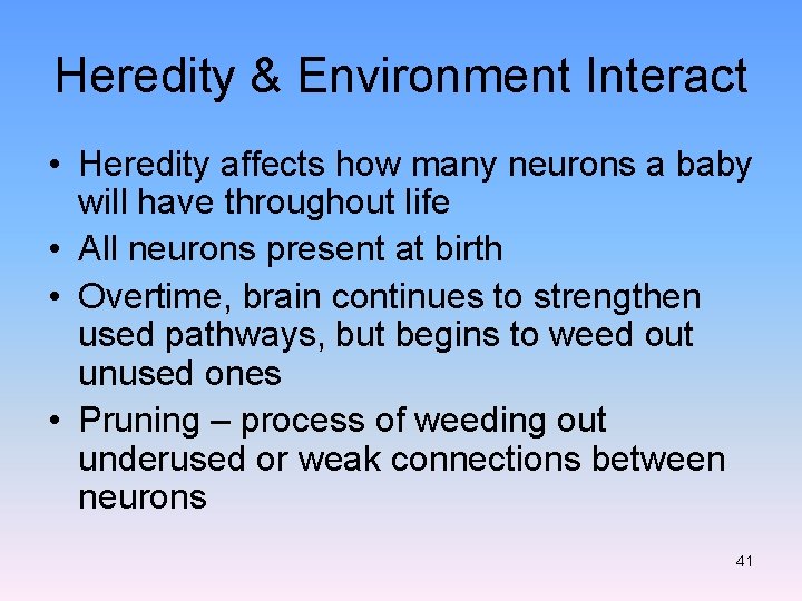 Heredity & Environment Interact • Heredity affects how many neurons a baby will have
