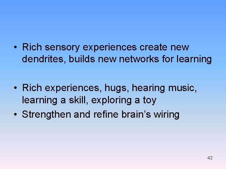  • Rich sensory experiences create new dendrites, builds new networks for learning •
