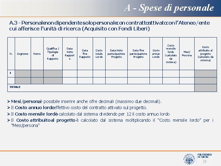 A - Spese di personale A. 3 - Personalenon dipendente: solo personalecon contrattoattivatocon l’Ateneo/ente