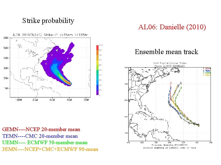 Strike probability AL 06: Danielle (2010) Ensemble mean track GEMN----NCEP 20 -member mean TEMN----CMC