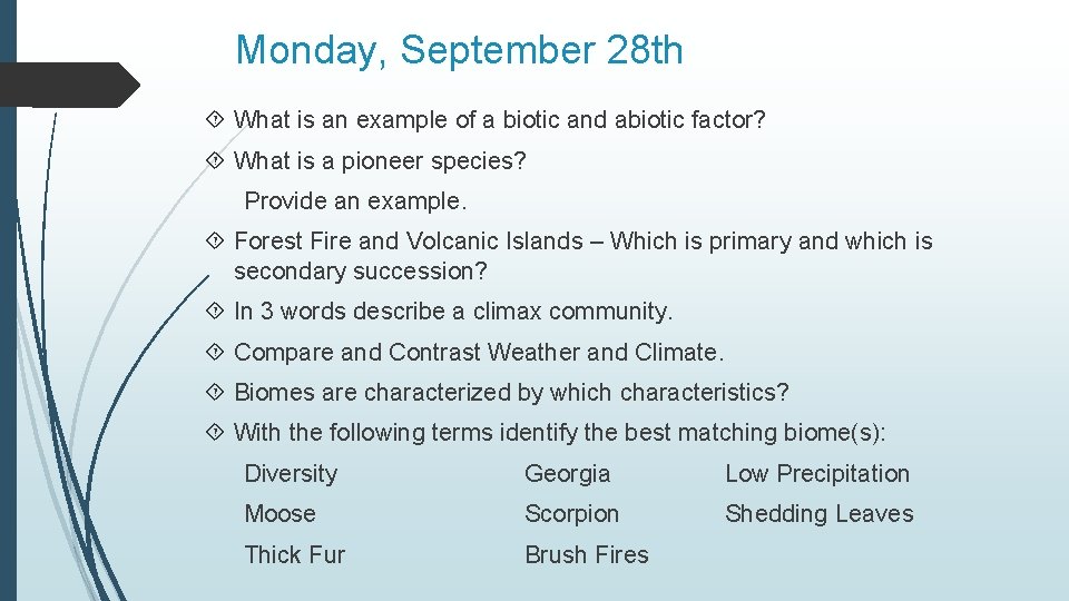 Monday, September 28 th What is an example of a biotic and abiotic factor?