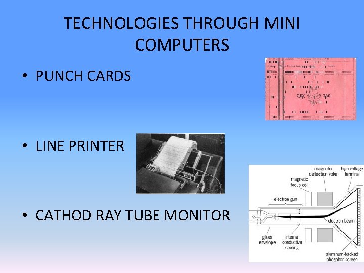 TECHNOLOGIES THROUGH MINI COMPUTERS • PUNCH CARDS • LINE PRINTER • CATHOD RAY TUBE